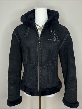Vintage Y2K Baby Phat Suede Jacket Black Genuine Leather Faux Fur Lined Size M